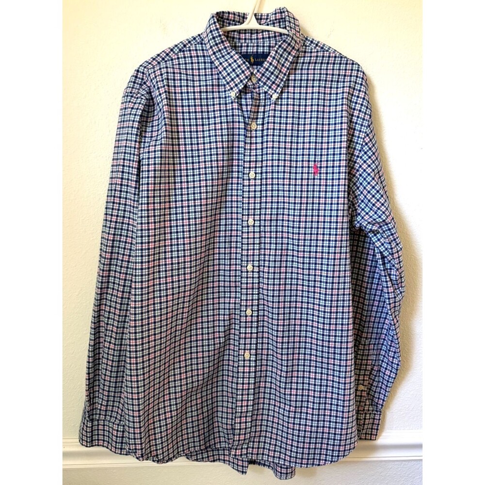 Ralph Lauren Polo Button Long Sleeve Shirt Size XL 100% Cotton Blue Pink Green